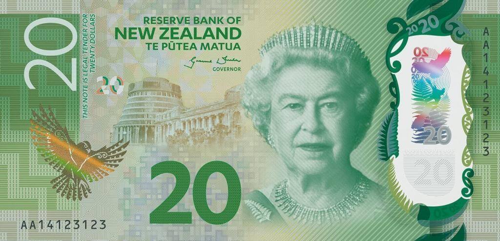 New Zealand bank note 20 Dollars Kiwi Great Britain Commonwealth The Queen
