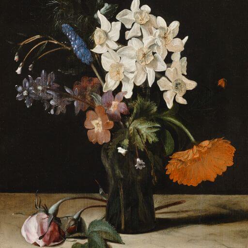 Verschwundenes Gemälde «Narzissen und andere Blumen in Glasvase auf einer Marmorplatte»
