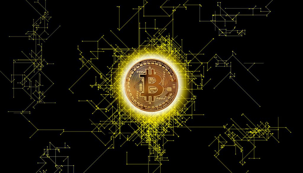Ein Bitcoin auf einer digitalen Weltkarte