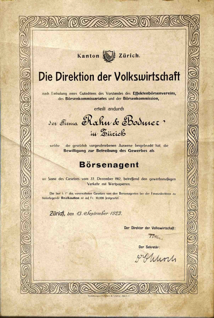 Urkunde Börsenzugehörigkeit in Zürich