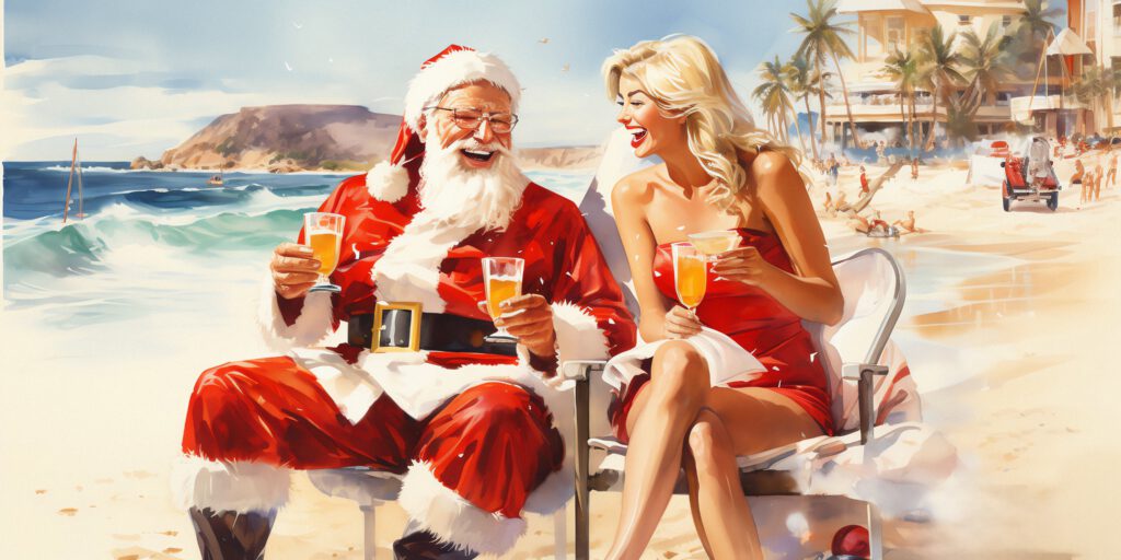 Ein Weihnachtsmann am Strand mit Cocktails