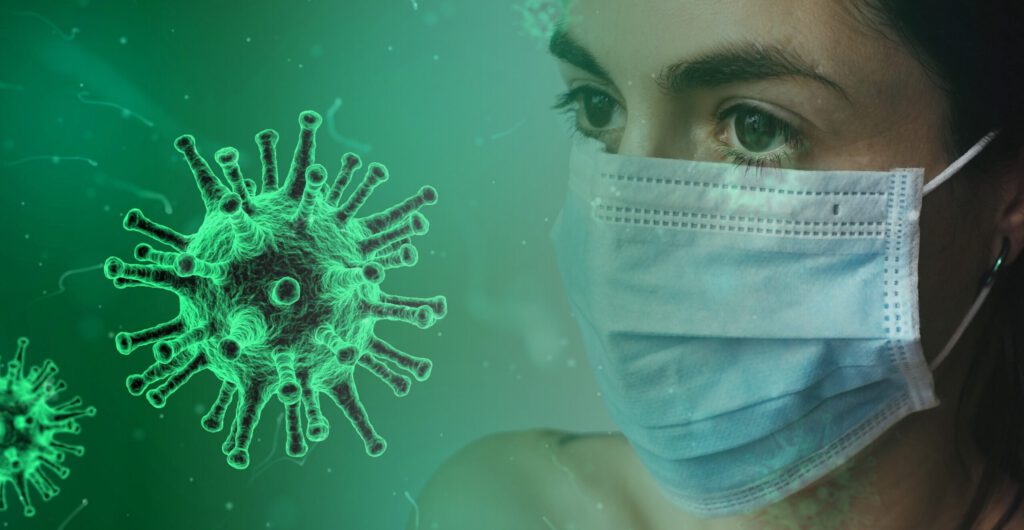 Das Coronavirus und eine Person mit Maske