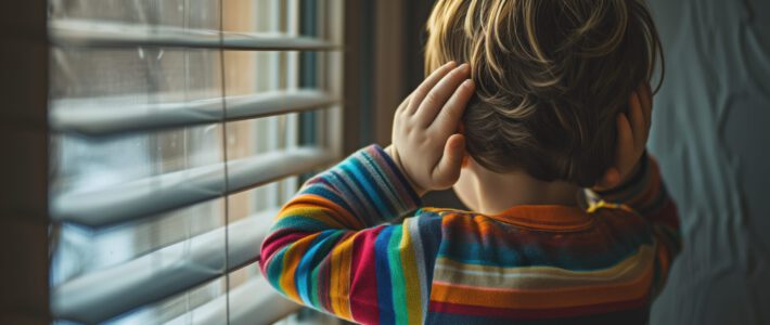 Ein Junge, der sich an einem Fenster die Ohren zuhält