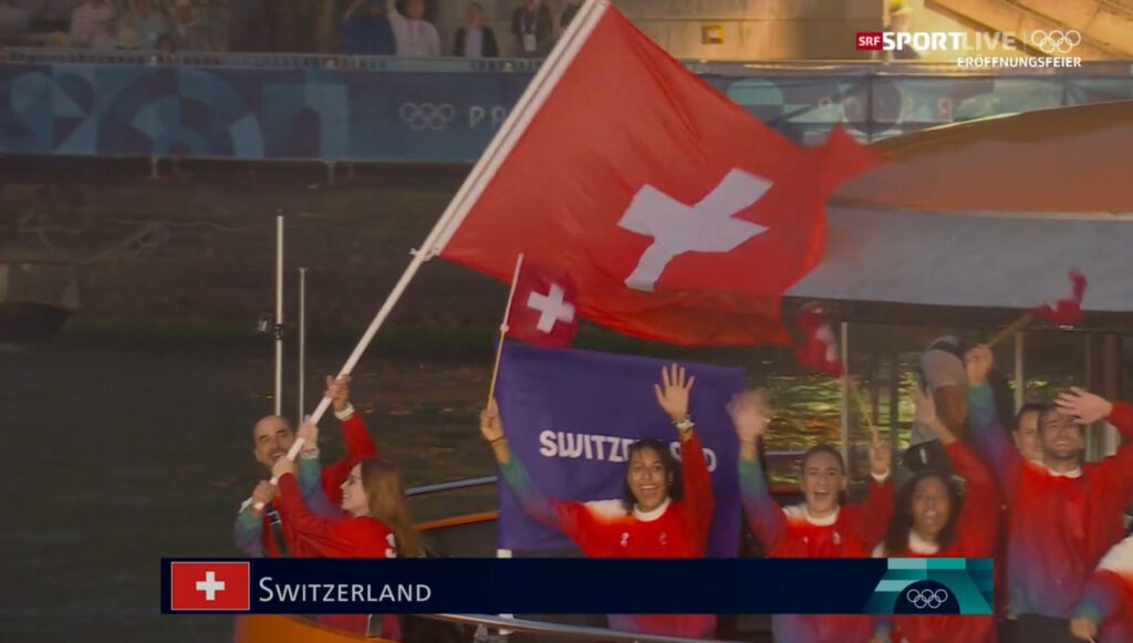 A boat with the Swiss Team at the Olympics 2024 in Paris