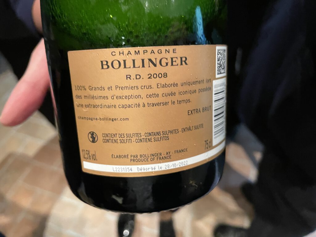 Rückseite einer Flasche Bollinger R.D. 2008