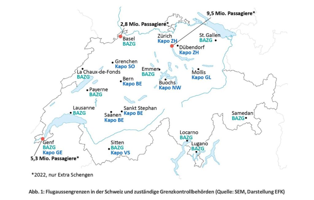 Karte der Schweiz mit den Aussengrenzen an den Flughäfen