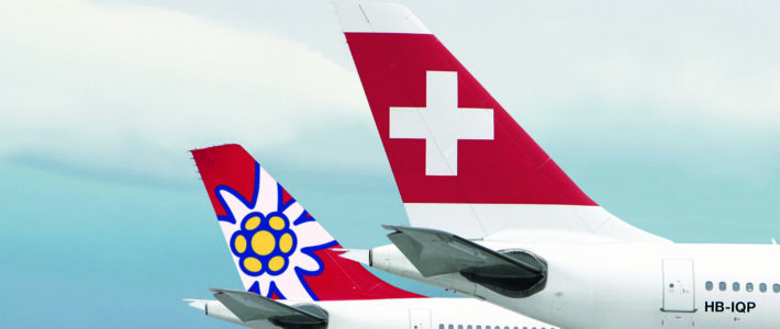 Die Logos von Swiss und Edelweiss an Flugzeugen