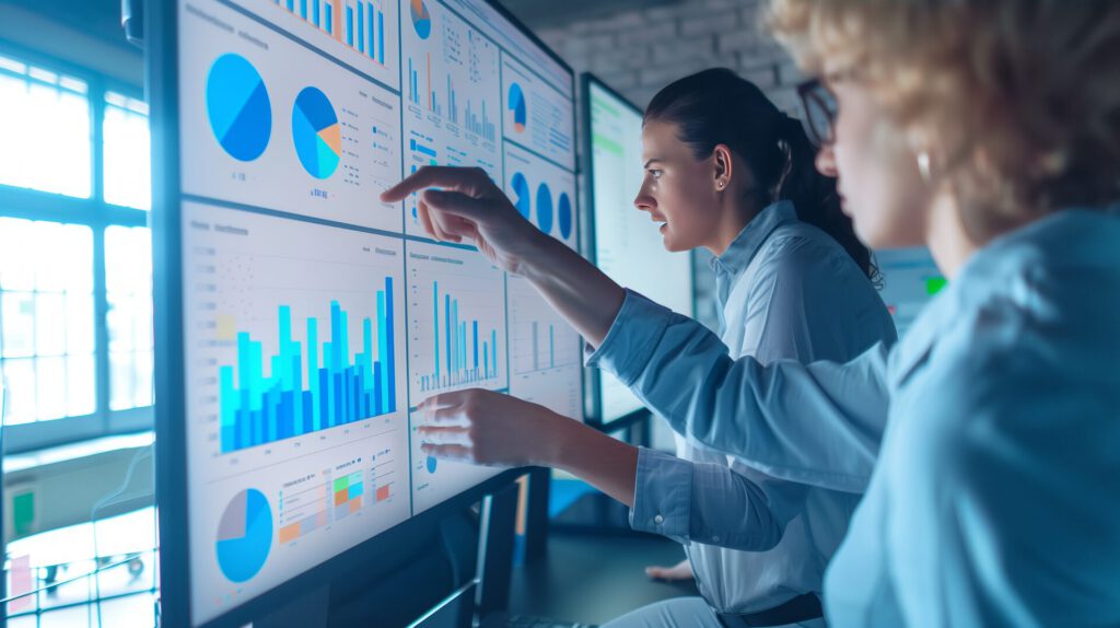 Zwei Frauen, die auf Statistiken auf einer Tafel zeigen