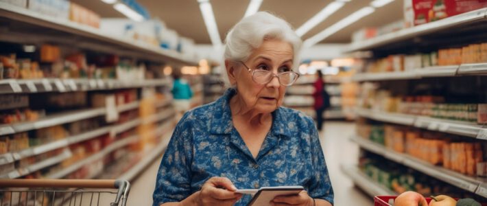 Eine ältere Dame in einem Supermarkt mit einem Notizzettel in der Hand