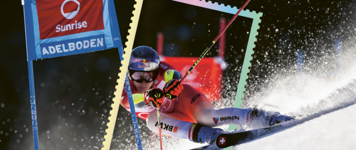 Krypto-Briefmarke der Schweizerischen Post mit Ski-Motiven