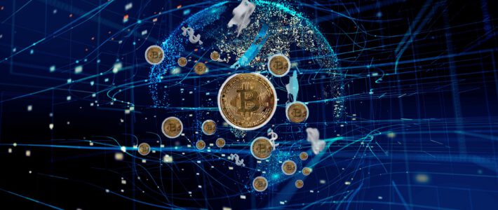 Bitcoin und eine Erdkugel mit einem Blockchain-Netzwerk