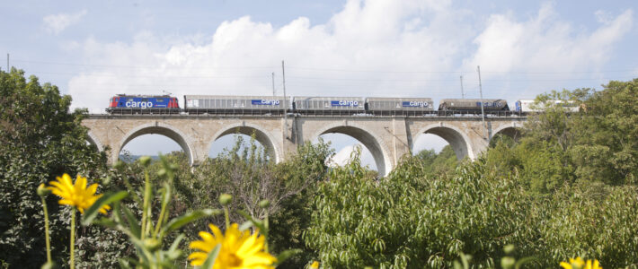 Ein Zug der SBB Cargo auf einer Brücke