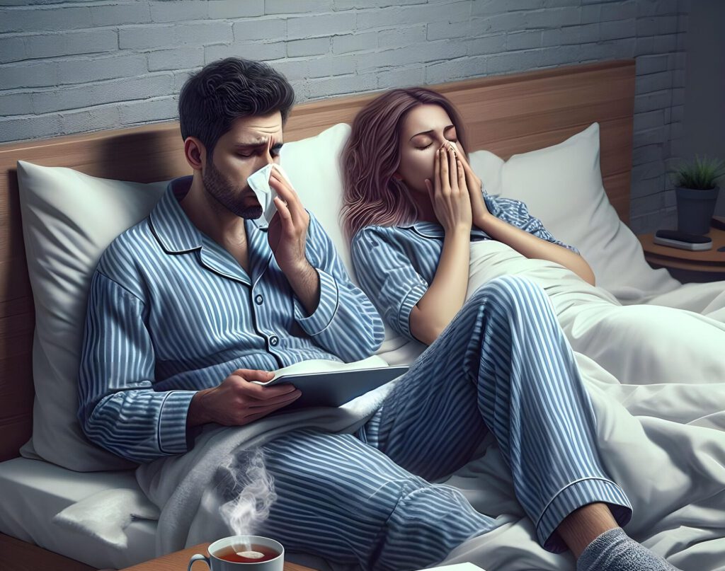 Zwei kranke Menschen im Bett mit tropfenden Nasen