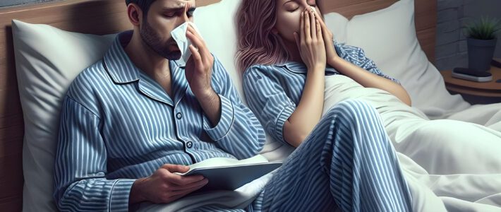Zwei kranke Menschen im Bett mit tropfenden Nasen