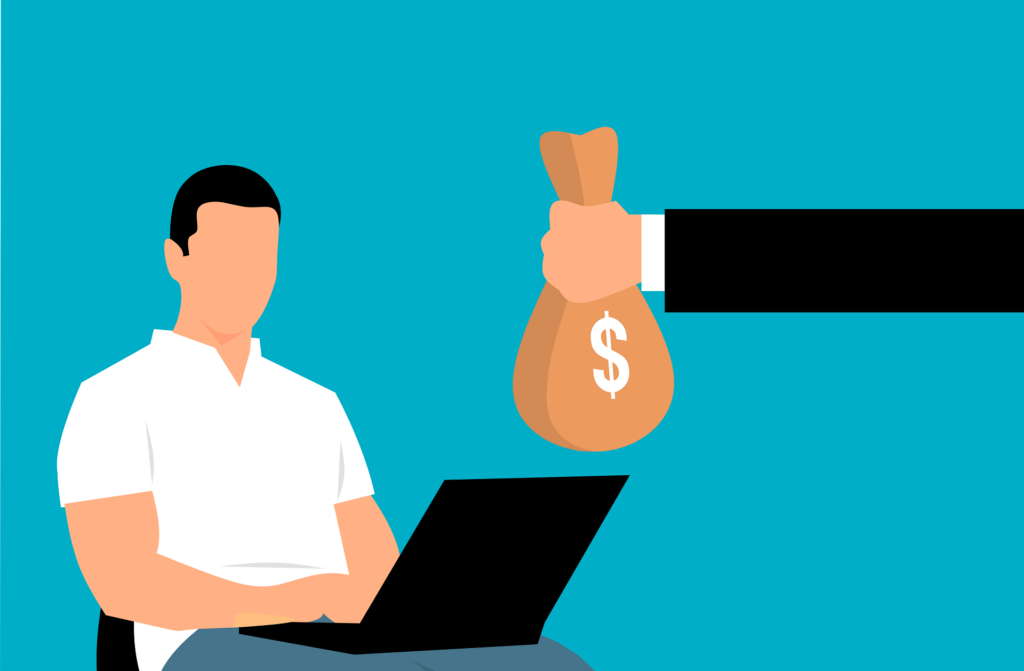 Ein Mann am Computer bekommt eine Tüte mit Geld gereicht