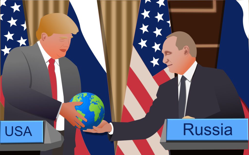 Trump und Putin it einer Weltkugel in den Händen