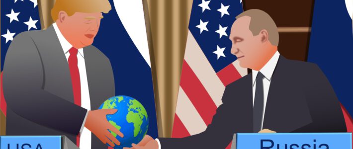 Drei Barrieren für bessere Lebensverhältnisse Trump und Putin it einer Weltkugel in den Händen