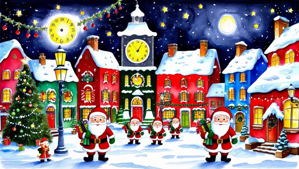 Weihnachtslandschaft mit vielen Santas
