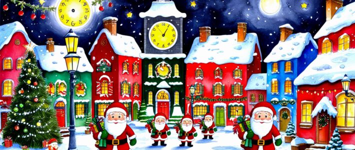 Weihnachtslandschaft mit vielen Santas