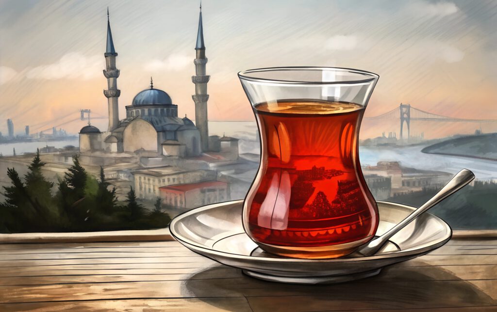 Ein türkisches Tee-Glas vor der Silhouette von Istanbul