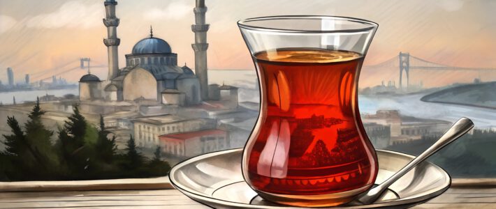 Ein türkisches Tee-Glas vor der Silhouette von Istanbul