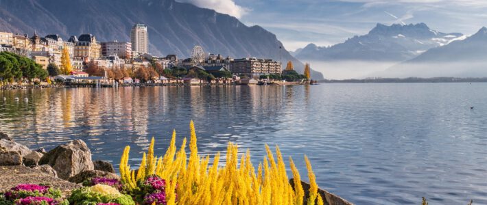 Genf und Waadt ziehen Schweizer Wirtschaft nach oben Blick auf Genfersee mit Blumen und Bergen