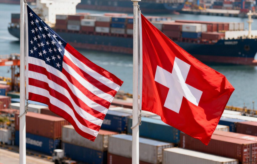 Flaggen der Schweiz und von den USA vor einem Containerhafen