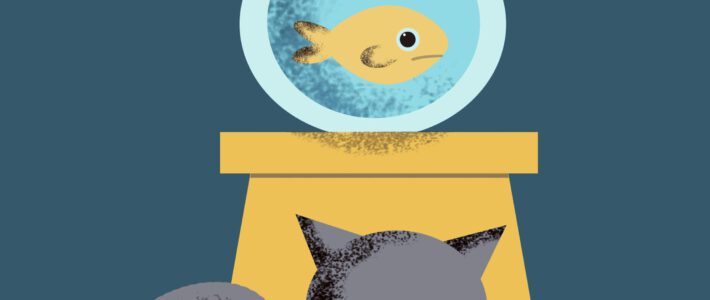 Ein Fisch in einem Aquarium und eine Katze davor