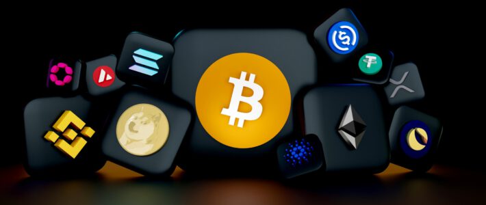 Verschiedene Symbole von Kryptowährungen um Bitcoin, Tether, USDC