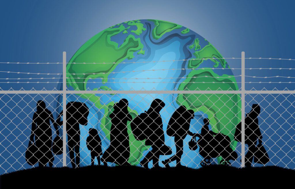 Flüchtlinge hinter einem Stacheldraht und vor einer Erdkugel