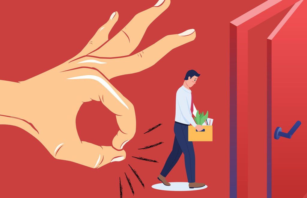 Eine Person wird mit einem Finger durch eine Tür geschnipst