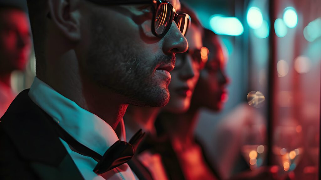 Ultrareiche mit Fliege und Brillen