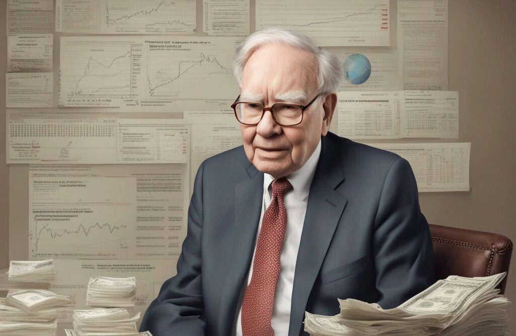 Zeichnung von Warren Buffett mit viel Geld
