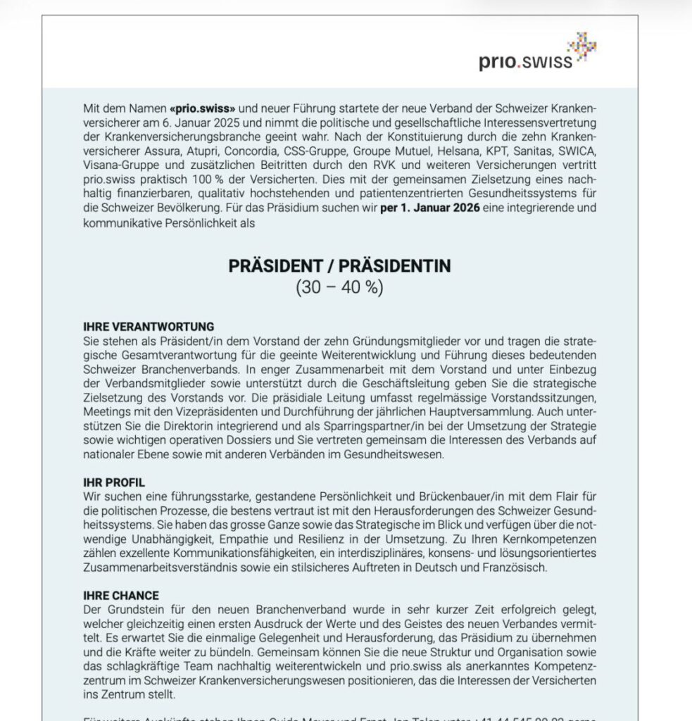 Stellenausschreibung des Krankenkassenverbandes Prio.Swiss