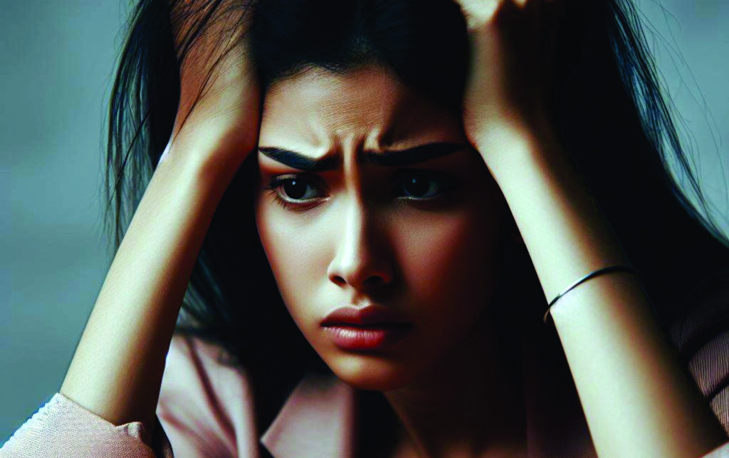 Eine Frau mit besorgtem Blick und aufgestützten Armen