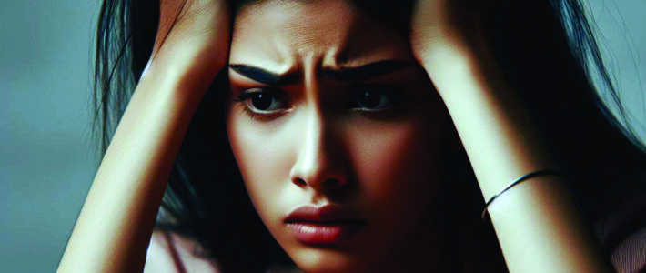 Eine Frau mit besorgtem Blick und aufgestützten Armen