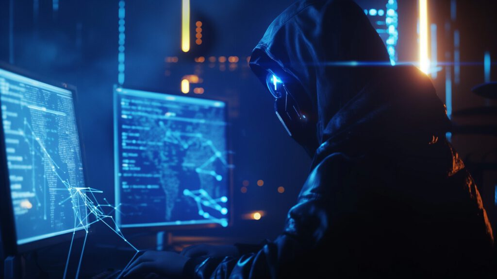 Ein Cyberkrimineller vor zwei Bildschirmen