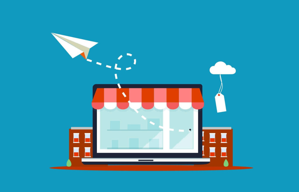 Ein Computer mit einem Papierflieger und einem Preisschild an einer Wolke