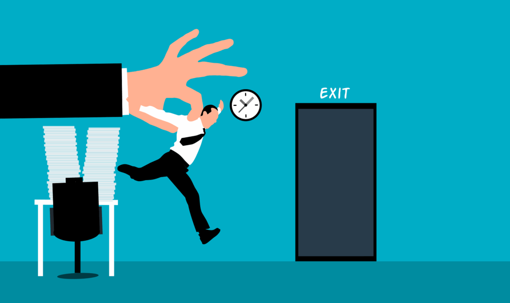 Eine schematische Hand schnippst einen Büroarbeiter in Richtung Ausgang