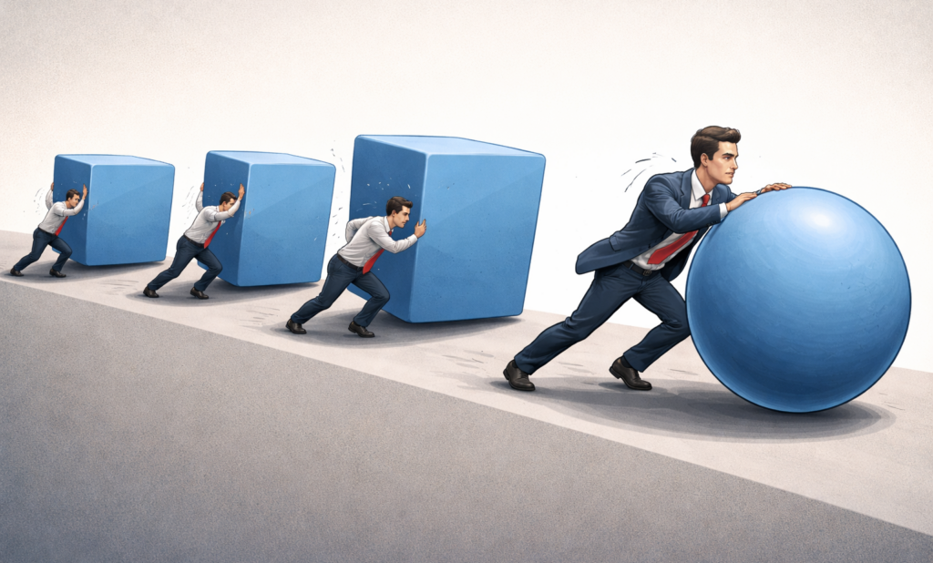 Einige Männer schieben Kugeln und Boxen