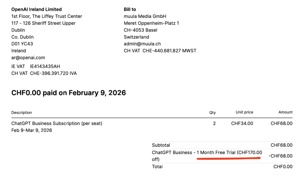 Auszug aus Rechnung von OpenAI