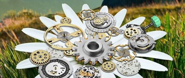 Eine Blume vor Schweizer Alpen mit Bauteilen einer Uhr der Swatch Group