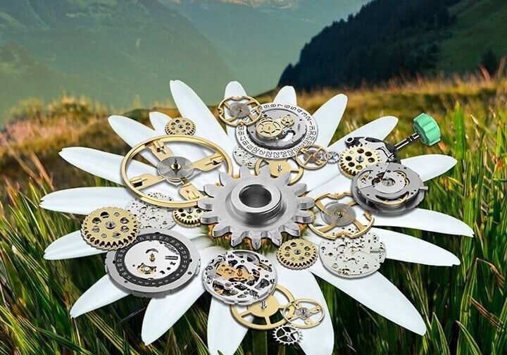 Eine Blume vor Schweizer Alpen mit Bauteilen einer Uhr der Swatch Group