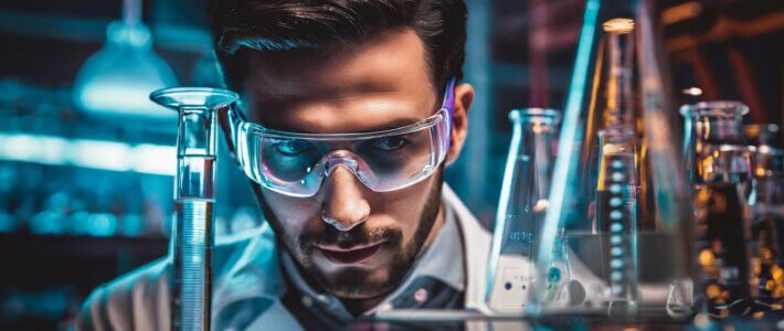 Ein Forscher mit Schutzbrille im Labor