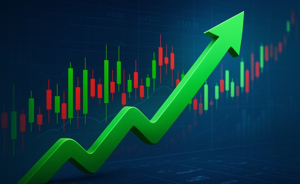Ein grüner Pfeil nach oben und schematische Aktienkurse im Hintergrund