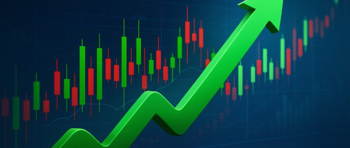 Ein grüner Pfeil nach oben und schematische Aktienkurse im Hintergrund