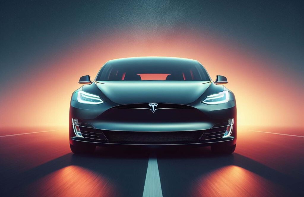 ein schematischer Tesla vor rotem Licht