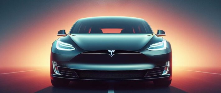 ein schematischer Tesla vor rotem Licht