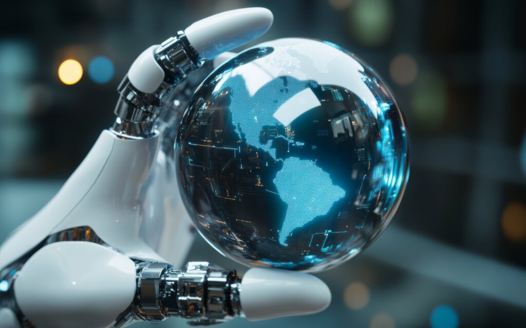 Ein Erdball in der Hand eines humanoiden Roboters