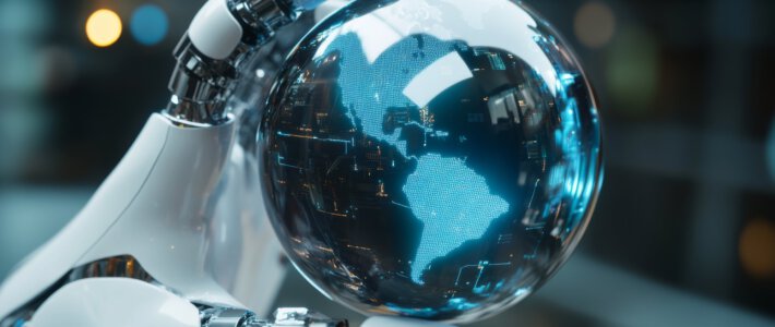 Ein Erdball in der Hand eines humanoiden Roboters